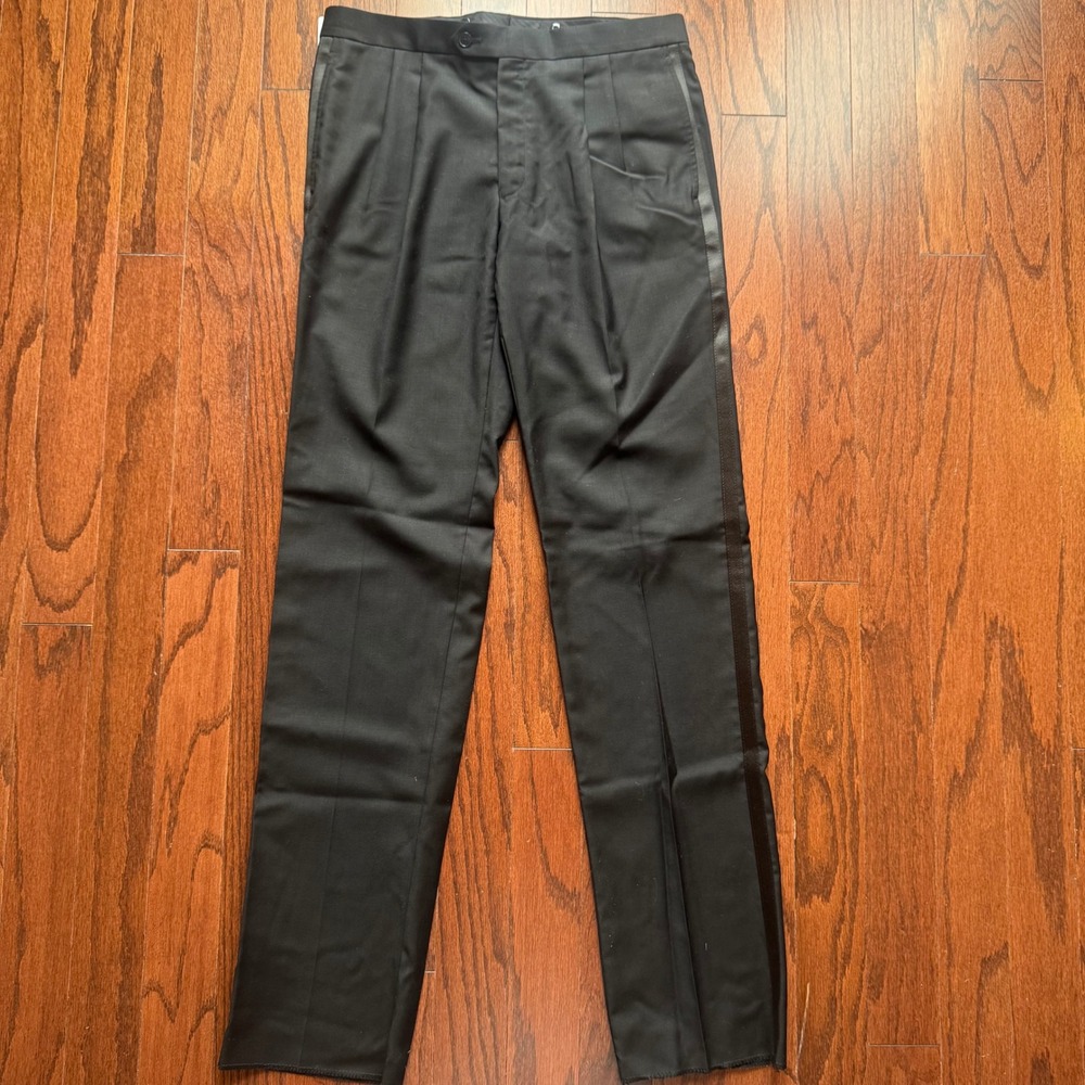 NWT Ralph Lauren Mens Black 100% Wool Pleated Tuxedo Pants 32W Unfinished Hem
